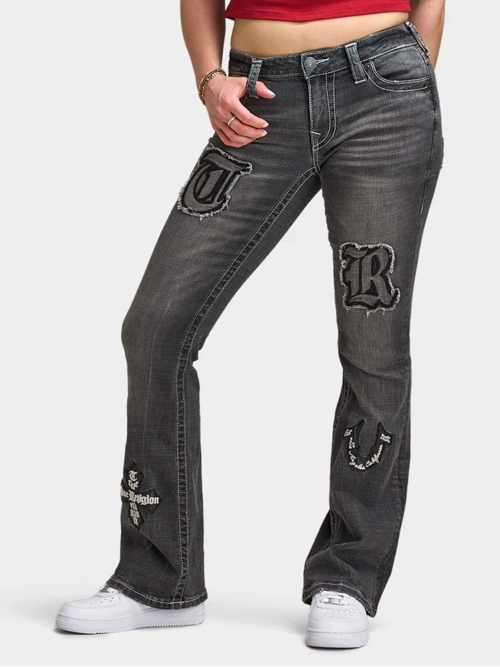 True religion Women’s Gray Embroidered Patch Bootcut Jeans